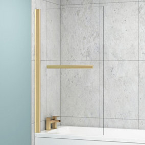 Royal Bathrooms 1435mm Brushed Brass Wall Profile Straight Shower Hinged Bath Screen with Towel Rail 6mm Tempered Glass