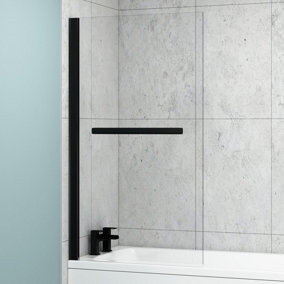 Royal Bathrooms 1435mm Matt Black Wall Profile Straight Shower Hinged Bath Screen with Towel Rail 6mm Tempered Glass