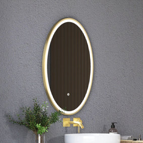 Royal Bathrooms Capri 500 x 800mm Oval LED Illuminated Framed Mirror with Demister Pad - Brushed Brushed Brass