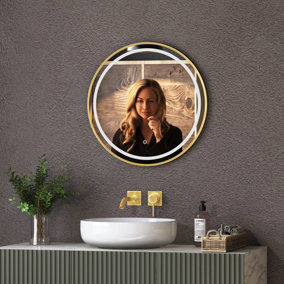 Royal Bathrooms Capri 600 x 600mm Round Front Lit LED Framed Bathroom LED Mirror with Demister Pad - Brushed Brass
