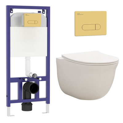 Royal Bathrooms Divine Rimless Wall Hung Toilet, Aqua Brushed Brass Wall Hung Frame Gloss White Round Pan, Slim Soft Close Seat