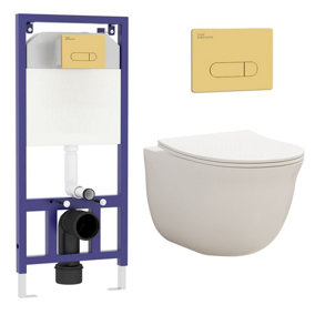 Royal Bathrooms Divine Rimless Wall Hung Toilet, Aqua Brushed Brass Wall Hung Frame Gloss White Round Pan, Slim Soft Close Seat