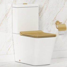 Royal Bathrooms Elena Rimless Close Coupled Toilet Gloss White Square Pan Slim Soft Close Brushed Brass Seat & Dual Flush Cistern