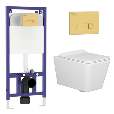 Royal Bathrooms Elena Rimless Wall Hung Toilet, Aqua Brushed Brass Wall Hung Frame Gloss White Round Pan, Slim Soft Close Seat