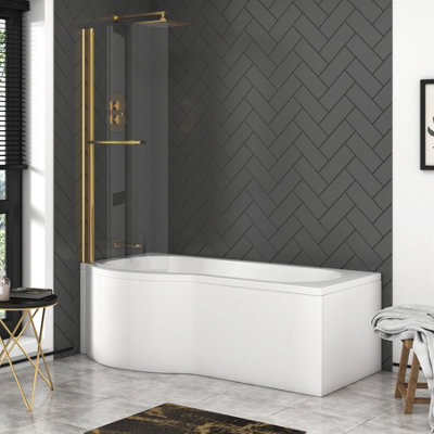 Royal Bathrooms Elva 1500 x 850mm Acrylic Left Hand P-Shaped Shower White Bathtub with Brushed Brass Shower Screen