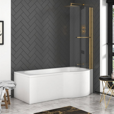 Royal Bathrooms Elva 1500 x 850mm Acrylic Right Hand P-Shaped Shower White Bathtub with Brushed Brass Shower Screen