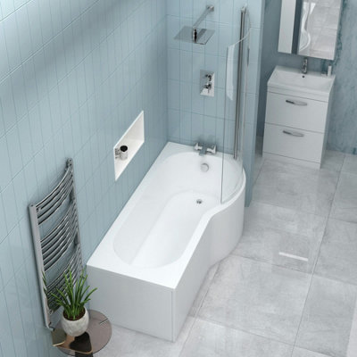 Royal Bathrooms Elva 1500 x 850mm Acrylic Right Hand P-Shaped Shower White Bathtub with Front, End Panel & Shower Screen