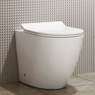 Royal Bathrooms Elva Rimless Back To Wall Toilet Gloss White Round Pan with Slim Soft Close Seat