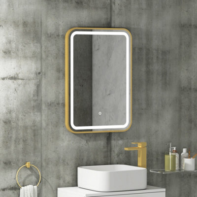 Royal Bathrooms Luna 500 x 700mm Brushed Brass LED Framed Bathroom LED Mirror with Demister Pad & Touch Sensor