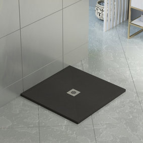 Royal Bathrooms LuxeFlo 900 x 900 x 30 Square Black Slate Effect Shower Tray with Waste & Chrome Grate