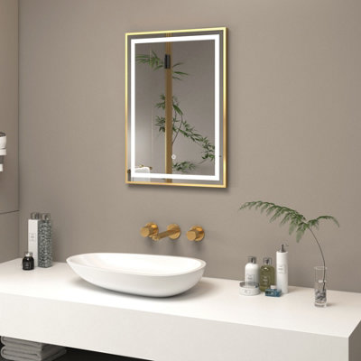 Royal Bathrooms Oslo 500 x 700mm Brushed Brass LED Framed Rectangle Bathroom LED Mirror with Demister Pad & Touch Sensor