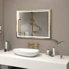 Royal Bathrooms Oslo 800 x 600mm Brushed Brushed Brass LED Illuminated Framed Mirror with Demister Pad & Touch Sensor