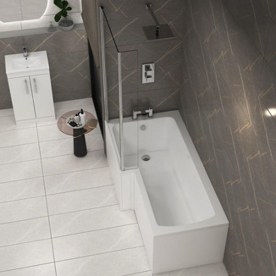 Royal Bathrooms Qubix 1500 x 850mm Acrylic Left Hand L-Shaped Shower Gloss White Bathtub with Front Panel & Fixed Screen