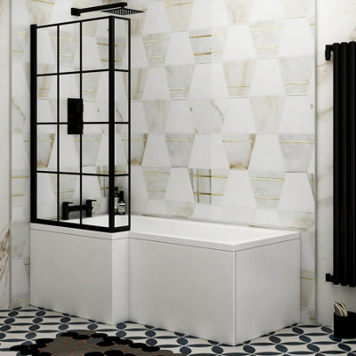 Royal Bathrooms Qubix 1700 x 850mm Acrylic Left Hand L-Shaped Shower White Bathtub with Matt Black Grid Framed Screen