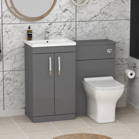 Royal Bathrooms Turin 1000mm Indigo Grey Gloss 2-Doors Mid-Edge Basin with Qubix Back to Wall Toilet Pack