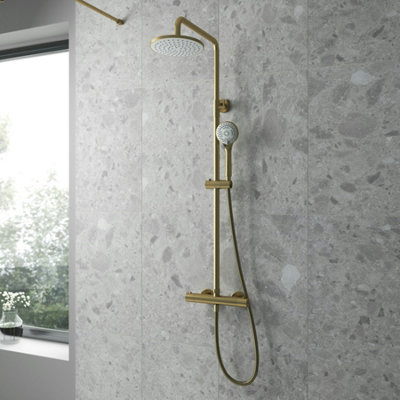 Royal Bathrooms Venice Brushed Brass Round Exposed Thermostatic Bar Mixer with Shower Set Shower Head and Handheld