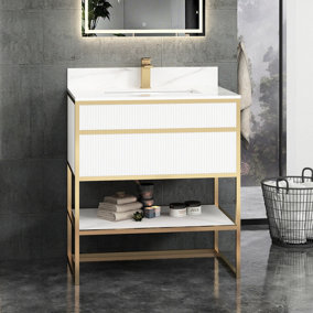 Royal Bathrooms Vienna 750mm Matt White Freestanding Bathroom Cabinet Vanity Unit with Brushed Brass Frame & Carrara White Top