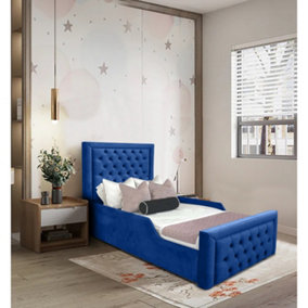 Royal Kids Bed Gaslift Ottoman Plush Velvet with Safety Siderails- Blue