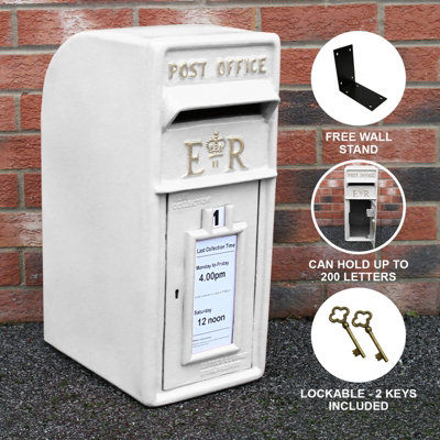 Royal Mail Post Box ER Cast Iron Wall Mounted Wedding Authentic Pillar Replica Lockable Post Office Letter Box White