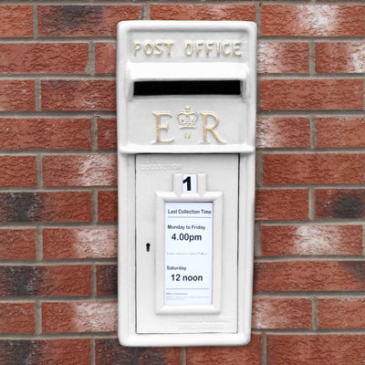 Royal Mail Post Box ER Cast Iron Wall Mounted Wedding Authentic Pillar Replica Lockable Post Office Letter Box White