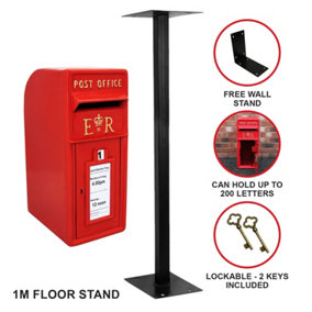 Royal Mail Post Box with Floor Stand ER Cast Iron Wall Mounted Wedding Authentic Pillar Replica Lockable Post Office Letter Box
