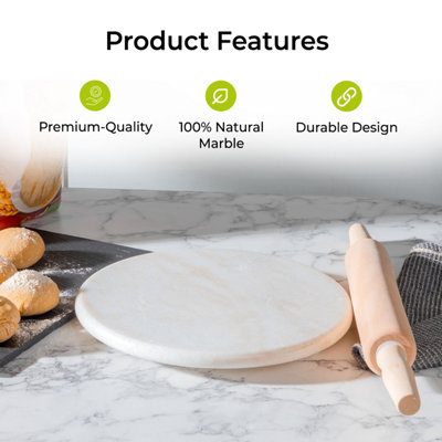 Royalford 10inch White Marble Round Chapati Roti Rolling Board Cheese Chopping Board,