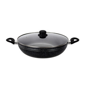 Royalford 26 CM Non-Stick Induction Wok Pan with Glass Lid Deep Cooking Frying Pan Kadai