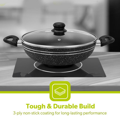 Royalford 28 CM Non-Stick Induction Wok Pan with Glass Lid Deep