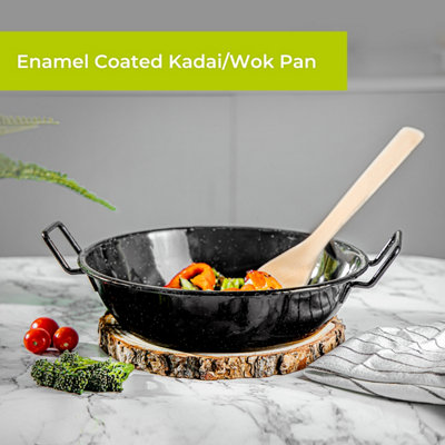Royalford 30cm Enamel Wok Pan Induction Safe Paella Pan Kadhai with Raised Handles Flat Base for Even Heat Distribution