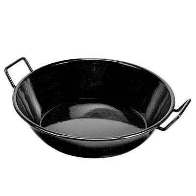 Royalford 34cm Enamel Wok Pan Induction Safe Paella Pan Kadai with Raised Handles, Black