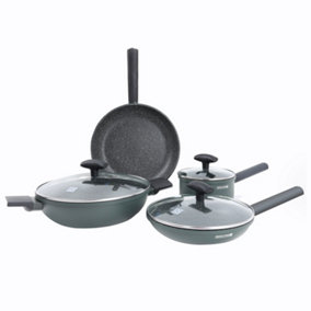 Royalford 4Pc Granite Coated Aluminium Cookware Set, 1 PC Wok Pan with Glass Lid, 1 PC Saucepan with Lid, 1 PC Small Frying Pan