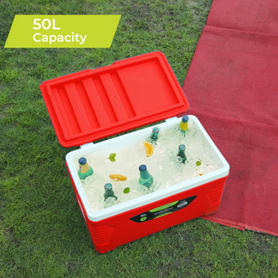 Royalford 50L Ice Cooler Box with Trolley Handle for Picnic Camping, Red