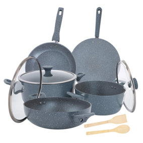 Royalford 7Pc Forged Aluminium Cookware Set, 2PC Casseroles with Glass Lids, 1PC Wok Pan with Lid, 1PC Tawa, 1 PC Frying Pan