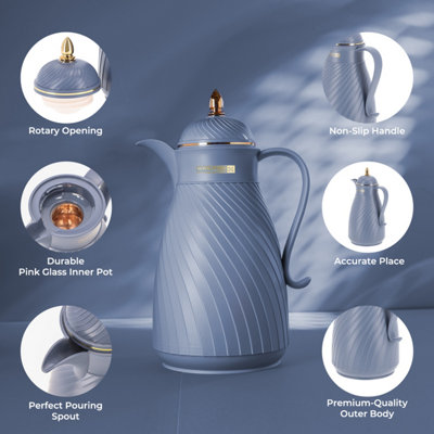 Royalford Glass Vacuum Flask Tea Carafe 1000ML Heat & Cold Retention Airpot