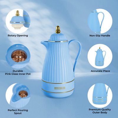 Royalford Glass Vacuum Flask Tea Carafe Airpot 1000ML, Blue