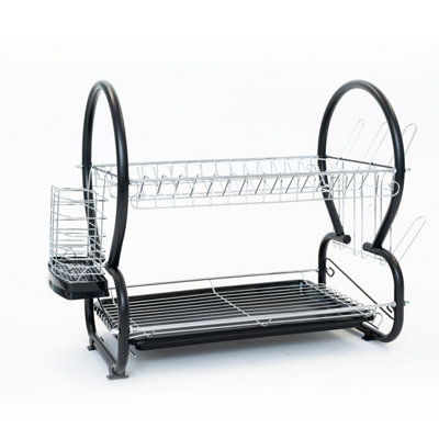 Royalford Kitchen 2 -Tier Dish Rack Drying Rack with Drain Board, Black