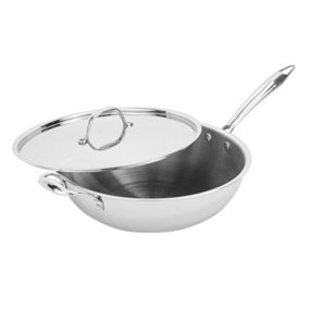 Royalford Triply Stainless Steel Wok Pan with Lid, Long Handle Deep Stir Fry Pan with Induction Base 28cm