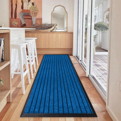 Rubber Back Barrier Mat - Non-Slip Heavy-Duty Runner Rug for Hallway, Kitchen, Indoor & Outdoor Use - Blue, 80x300 cm, Easy Care,