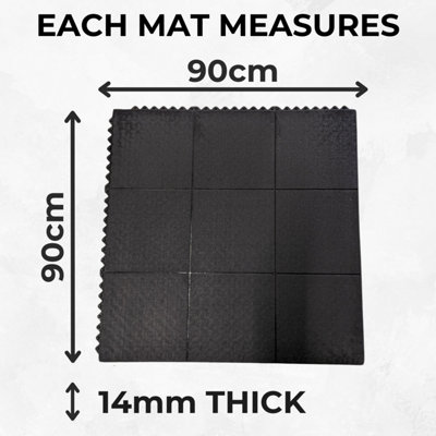 Rubber Gym Mat Interlocking Floor Tiles - Heavy Duty - 14mm x 900mm x 900mm - 3