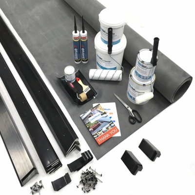 Rubber Roofing Kit for Flat Roofs - House Extension Kit with Anthracite Grey Trims (3.5m x 6.1m) - ClassicBond EPDM