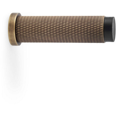 Rubber Tip Knurled Wall Mounted Doorstop - Antique Brass 75mm Cylinder Rose Door