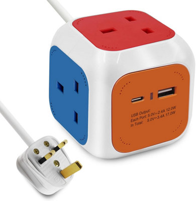 Rubik 4 Gang Cube Style Extension Lead with USB Port and Type C Port 1 ...