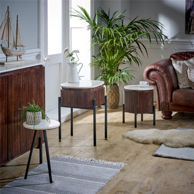 Ruby Mango Wood Bedside Table With Marble Top & Metal Legs