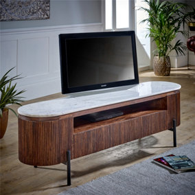 Ruby Mango Wood Large Tv Stand With Marble Top & Metal Legs
