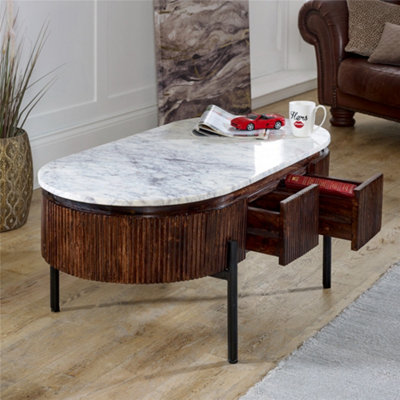 Ruby Mango Wood Rectangular Fluted Coffee Table With Marble Top & Metal ...