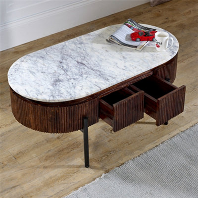 Ruby Mango Wood Rectangular Fluted Coffee Table With Marble Top & Metal ...