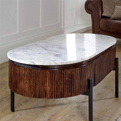 Ruby Mango Wood Rectangular Fluted Coffee Table With Marble Top & Metal ...