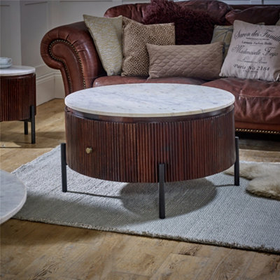 Ruby Mango Wood Round Fluted Coffee Table With Marble Top & Metal Legs ...