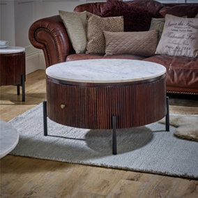 Ruby Mango Wood Round Fluted Coffee Table With Marble Top & Metal Legs