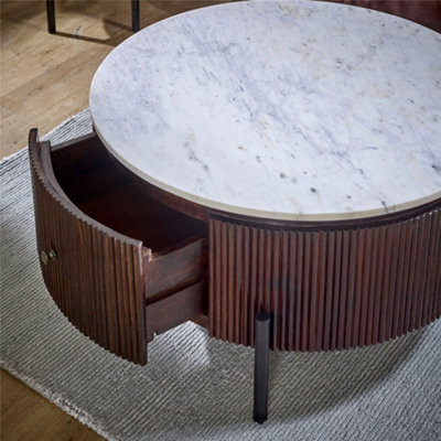 Ruby Mango Wood Round Fluted Coffee Table With Marble Top & Metal Legs